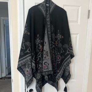 Black and Gray Patterned poncho with Tassels